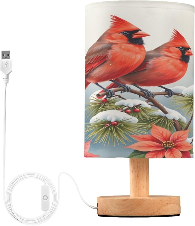 Christmas Flowers Winter Cardinals Table Lamp Bedroom Bedside Night Reading Desk Lamps Cylinder Nightstand Sleeping Light Lamp for Xmas Party Living Room Office Decor