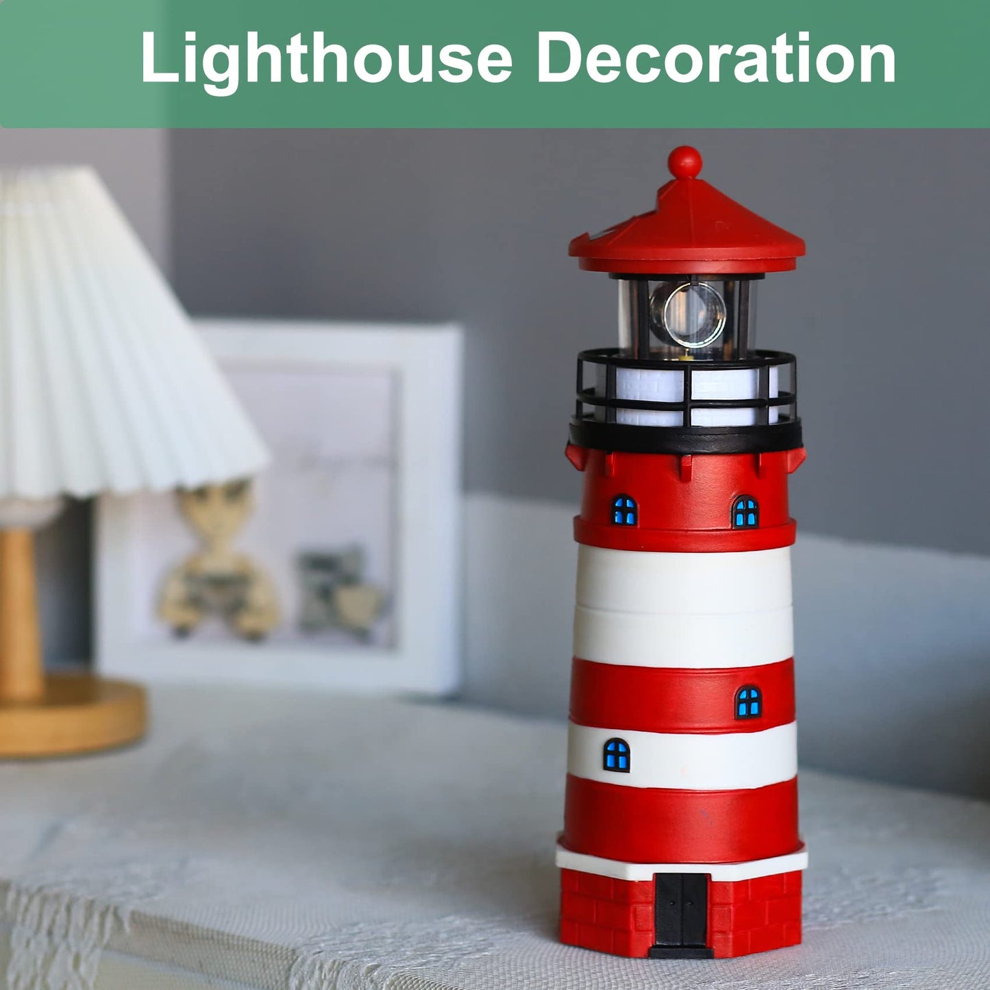 WDLFCGC Solar Lighthouse 12in Tall with Rotating Beacon, 360° Decoration, Model 3130A, Red