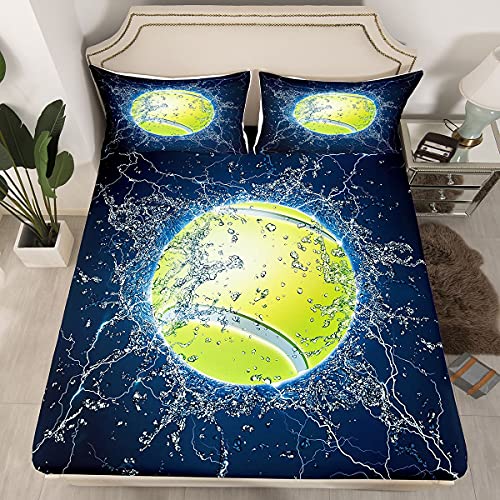 Feelyou Sports Decor Tennis Bed Sheets 3D Water Tennis Ball Sheet Set for Kids Boys Sports Themed Bed Set Blue Fluorescent...