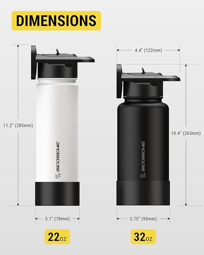 Scosche MFMS22 MagicMount Flask 22oz Stainless Steel Hot & Cold Insulated Sport Water Bottle w/Magnetic Mount Tripod Phone Stand Compatible w/MagSafe iPhone for Cup Holder/Gym/Men/Women/Travel/Black