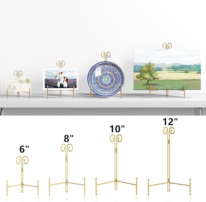 SVENJBB 10 Inch Plate Stands for Display, Gold Metal Frame Holder Stand for Picture and Decorative Plate, Collapsible Easel Display Stand for Platter, Book and Art (1 Pack)