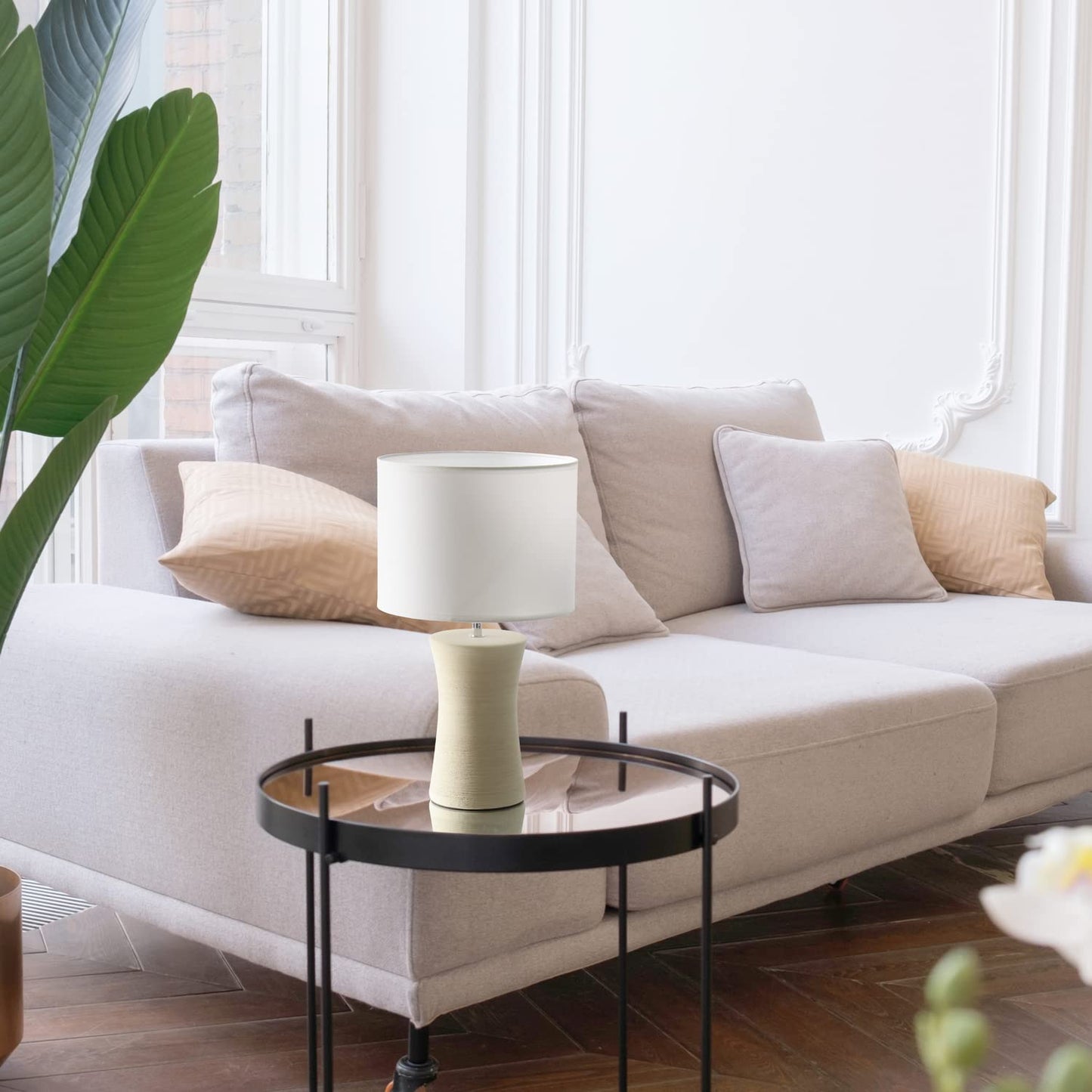 Simple Designs Ceramic Hourglass Table Lamp, 9.5inL x 9.5inW x 16.5inH, Beige, Model LT2099-BGE