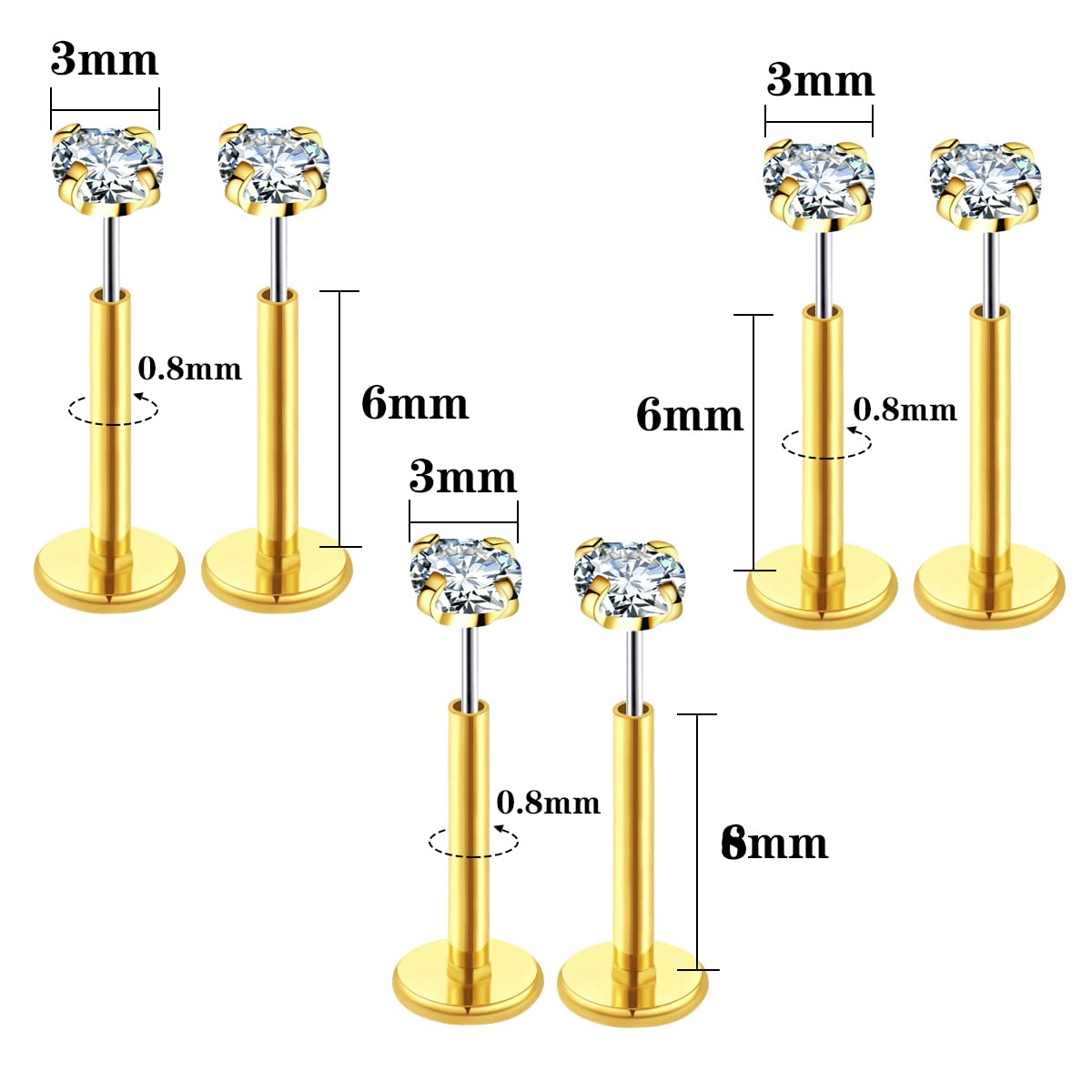 COTATI 20G Flat Back Earrings Stud Threadless Tragus Cartilage Lip Medusa Piercing Jewelry Hypoallergenic (Gold,20G 3/3/3mm CZ)