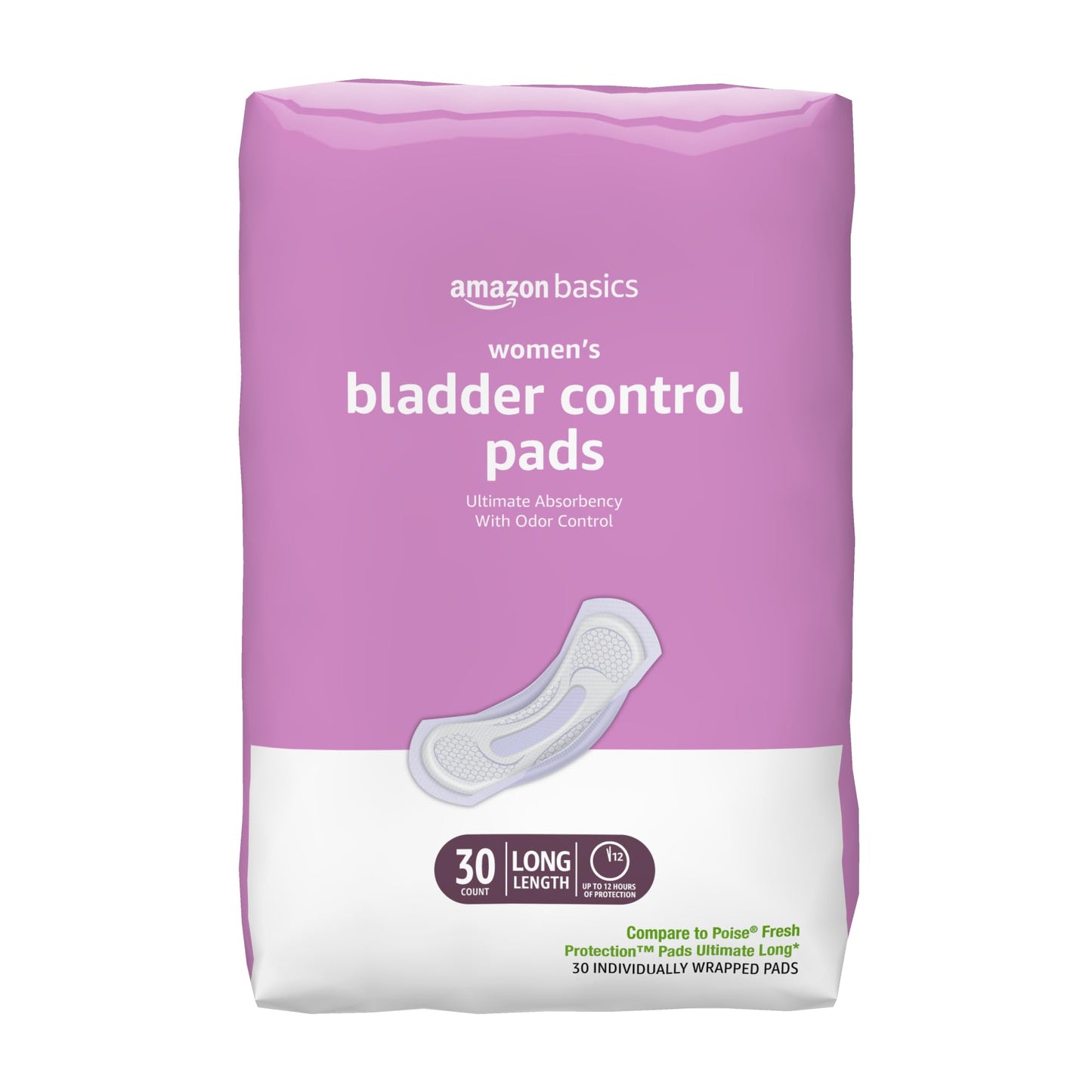 Amazon Basics Incontinence Pads for Women Long, Bladder Control, Postpartum, Ultimate Absorbency, Unscented, 30 Count