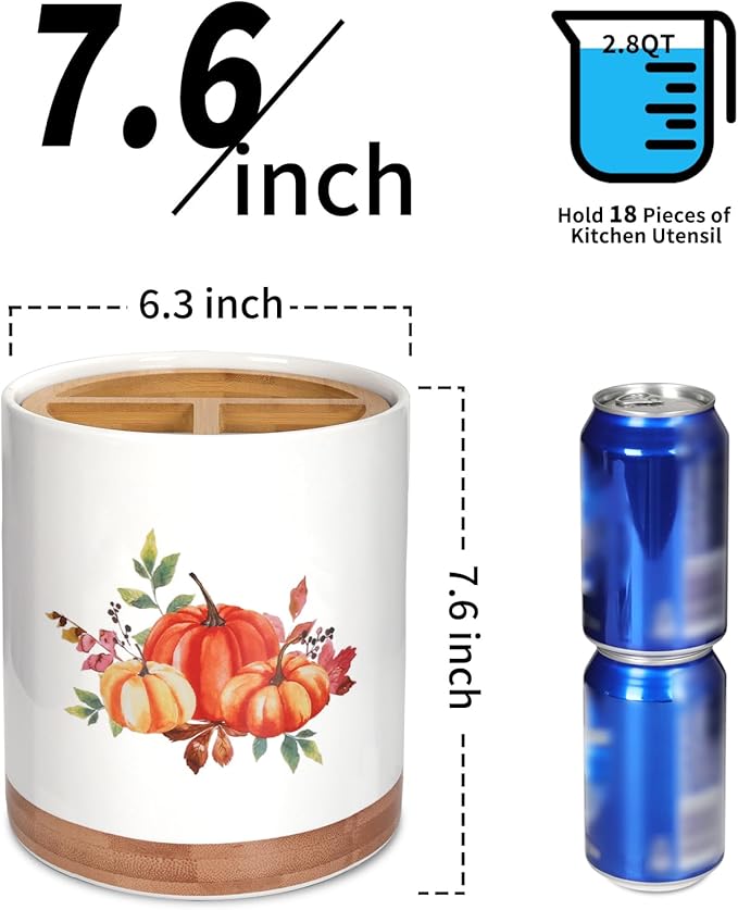 HAPPY KIT 7.6″ Utensil Holder Autumn Decor - 360° Rotating Utensil Holder Pumpkin Decor for Kitchen Counter with 3 Removable Compartment, Housewarming Gift & Farmhouse Decor