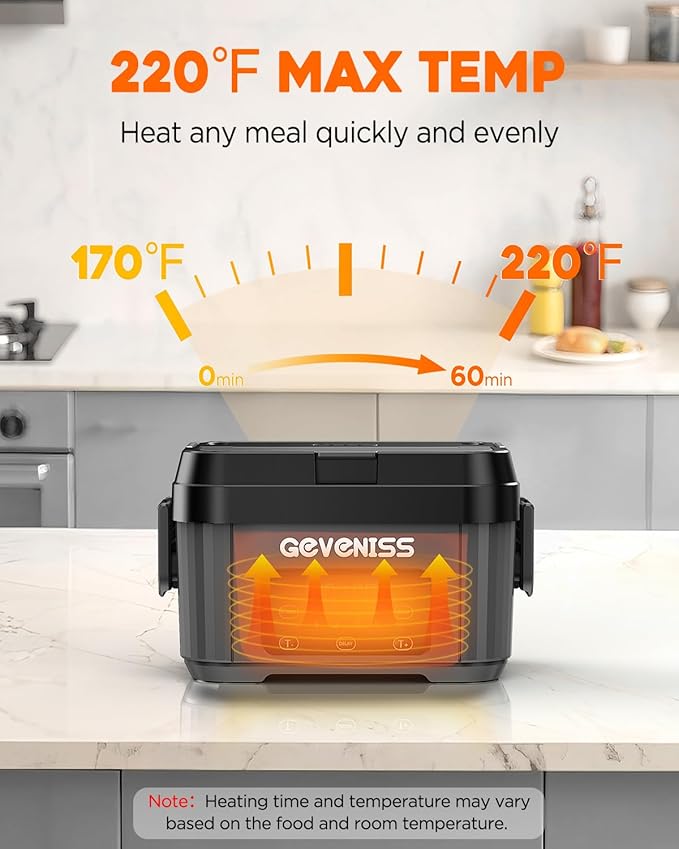 Cordless Electric Lunch Box for Adults – Battery-Powered Heated Lunch Box Food Warmer with 1.1L Stainless Steel Container, Timer Function, Leakproof, Portable for Work, Travel, Office