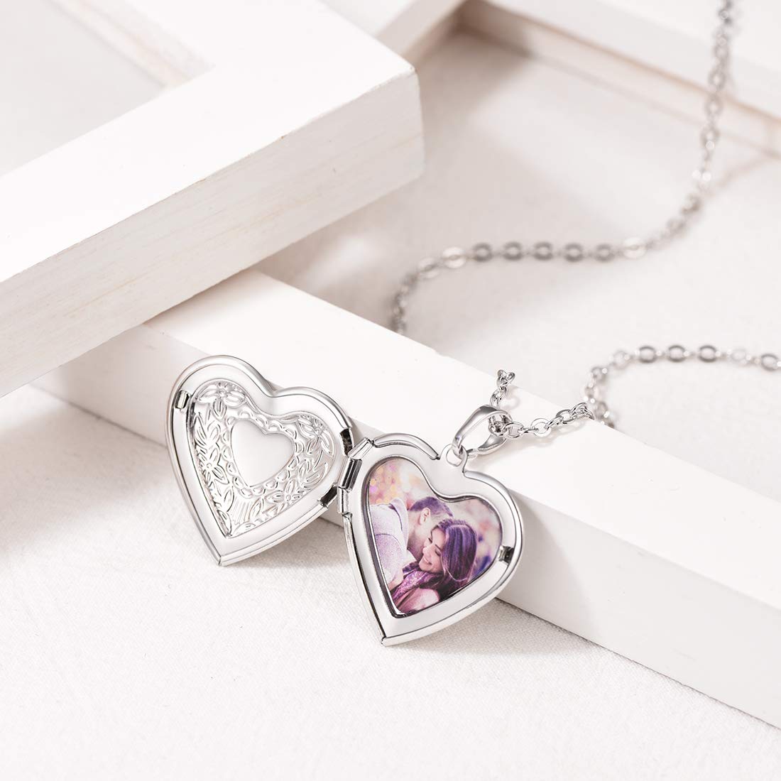 U7 Platinum Stripe Memorial Photo Locket Necklace for Women, Heart Pendant with Picture or Urn Ashes Compartment, Hypoallergenic