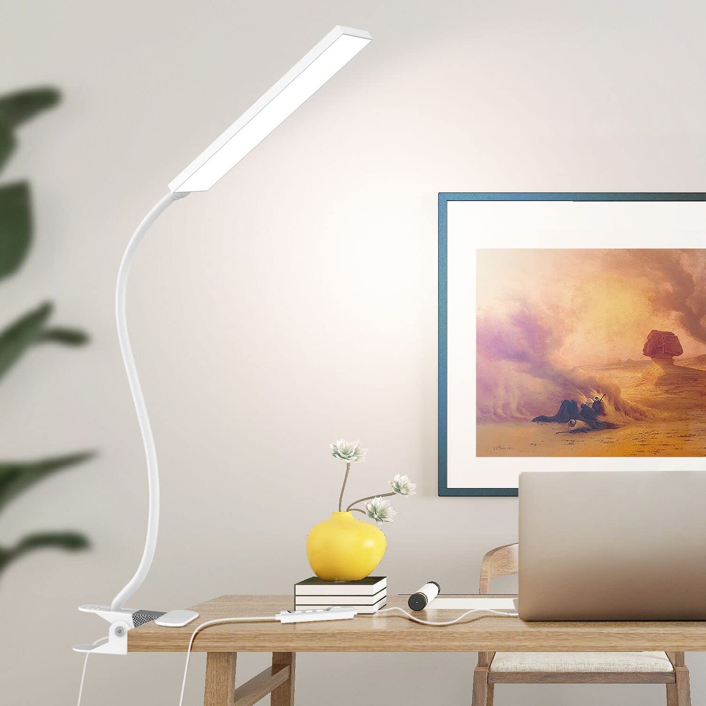 Vansuny LED Desk Lamp with Metal Clip, 11 Brightness Levels, 3 Color Modes, USB Powered, Flexible Gooseneck, White