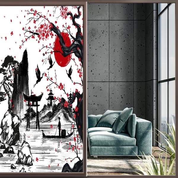 Vintage Japanese Style Decorative Window Film Abstract Ink Japanese Landscape Torii Gatekids Blackout Window Film,Cafe Lighted Window Film 35.4Wx78.7L-Inch X1Pcs