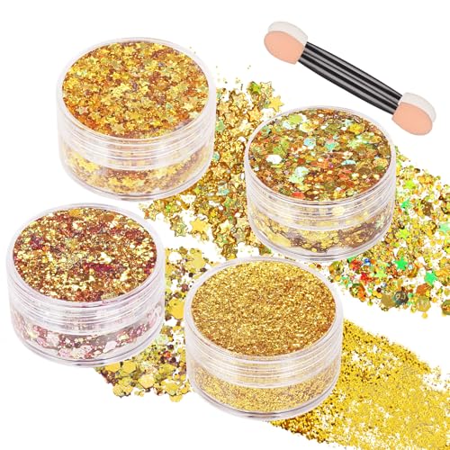 Paminify 4 Jars Gold Face Glitter,Mardi Gras Outfit for Women,Sparkle Gold Body Hair Glitter,Carnival Mardi Gras Makeup Ac...