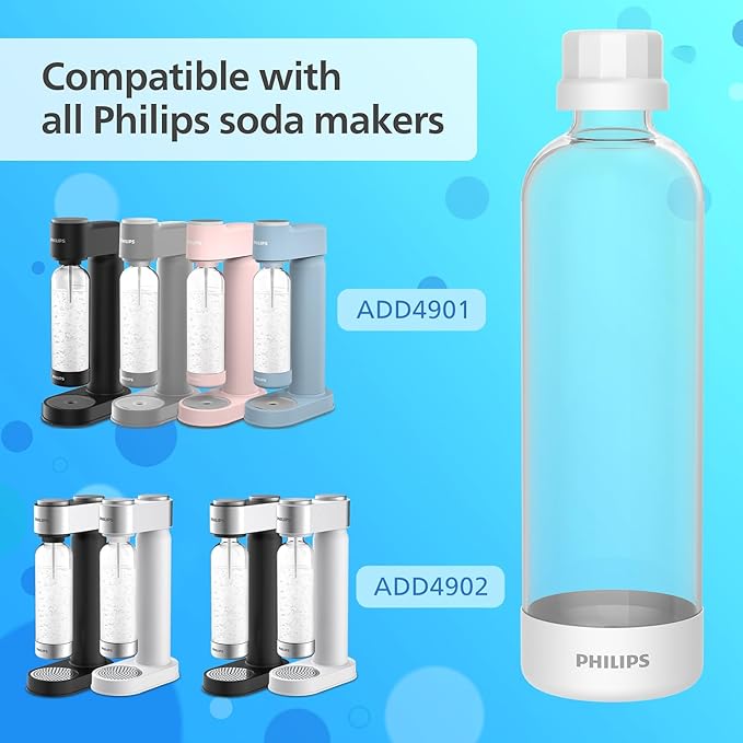 Philips Carbonating Bottles ADD910WHOQ/37, 1L Twin Pack Reusable PET Water Bottles Compatible Sparkling Water Maker, 2 Pack for ADD4902BKOQ/37, ADD4902WHOQ/37 and ADD4901GROQ/37, ADD4901BKOQ/37