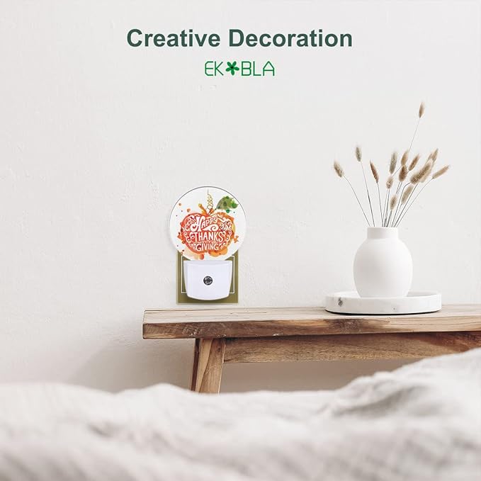 EKOBLA Pumpkin LED Night Light Happy Thanksgiving Day Pumpkin with Green Leaf Autumn Dusk to Dawn Plug-in Nightlights Auto Sensor for Home Indoor Bathroom Hallway Kitchen