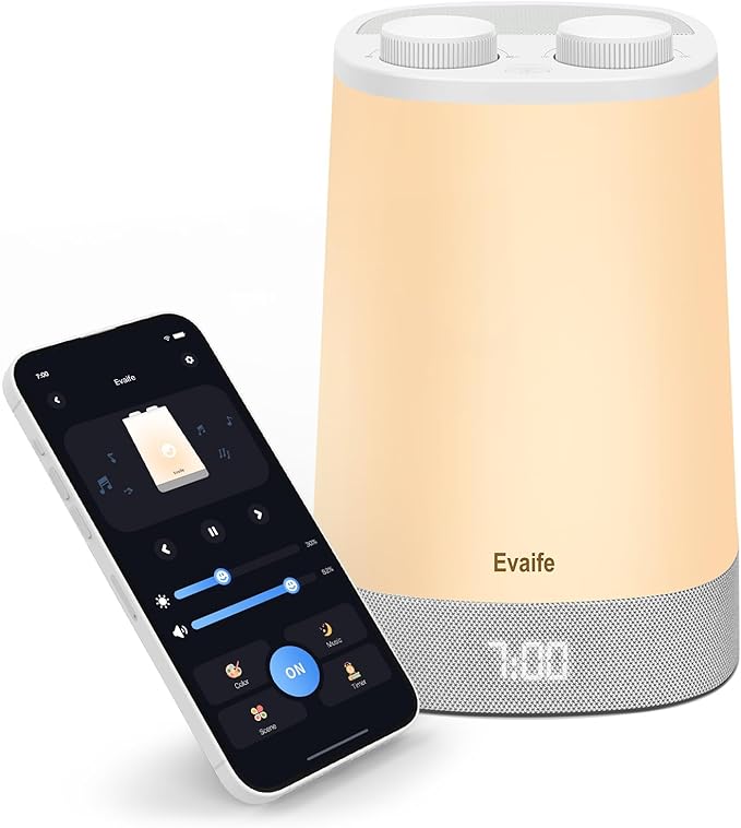 Baby Sound Machine, Nursery Night Light for Kids, Alarm Clock, White Noise Machine for Sleeping, OK to Wake Clock for Toddlers, APP Control, Fan Rain Wave, Sleep Trainer