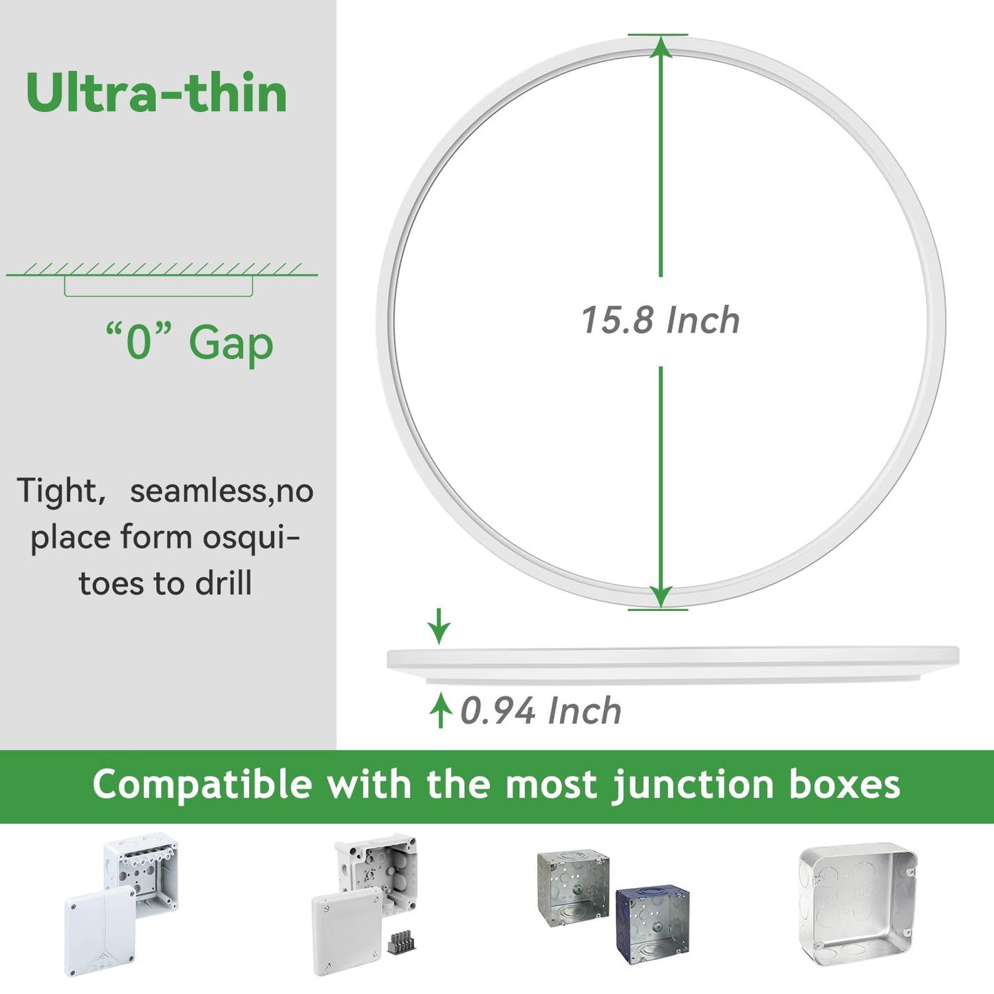 hepside Flush Mount Ceiling Light Fixture, 15.8 Inch, White, Dimmable, 3CCT 3000/4500/6000K, 36W,