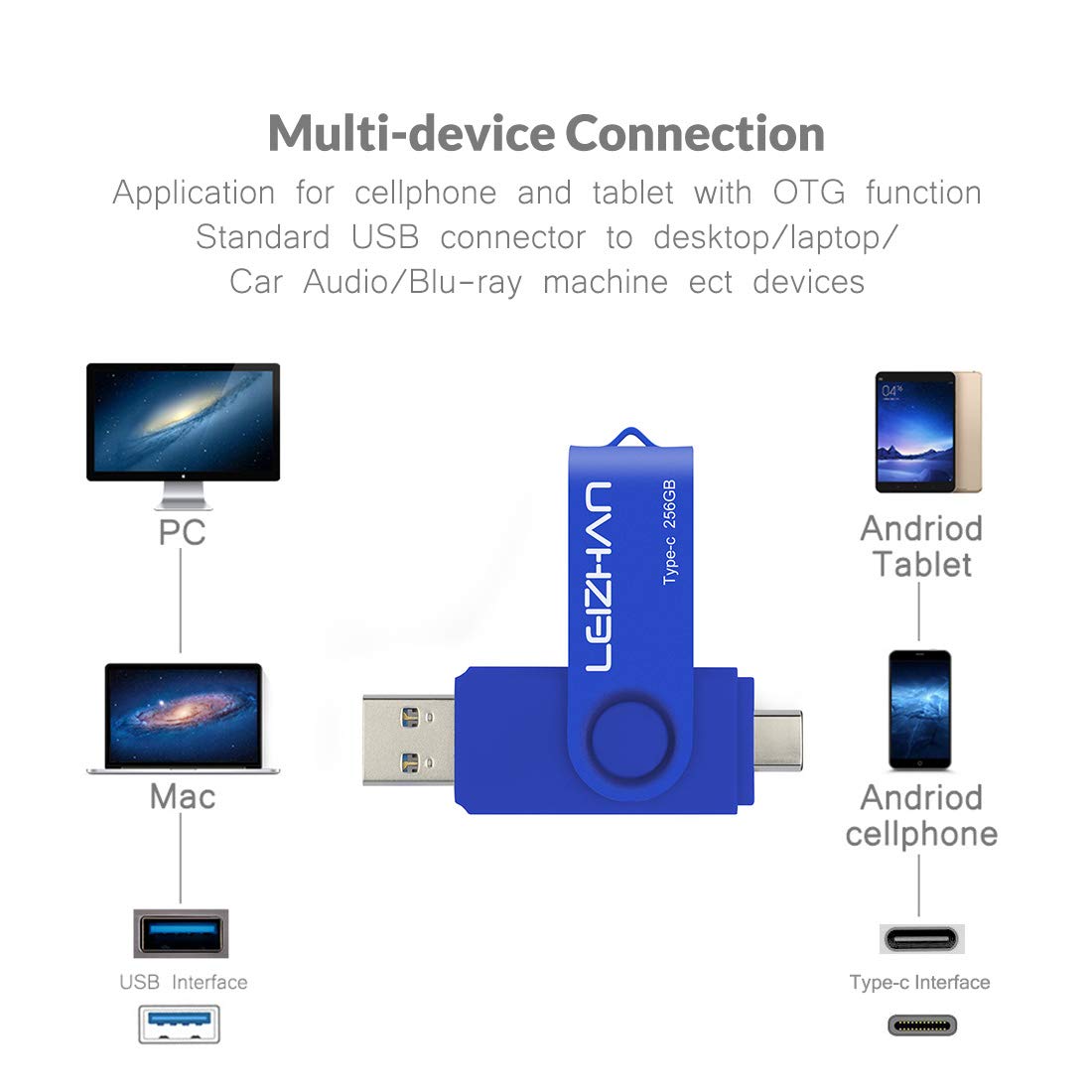 Leizhan 3.0 Usb C Flash Drive 256Gb, Type C Photo Stick For Htc 10,Huawei P20,Samsung Galaxy S10, S9, Note 9, S8, S8 Plus, Blue