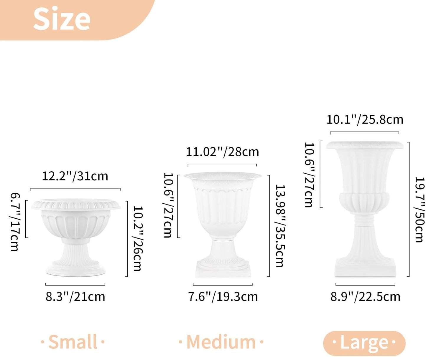 Nuptio Plastic Urn Planters White - 6 Pcs 19.7 Inch Tall Large Urns Planter Outdoor for Plants - Garden Classic Flower Vase Plant Pots - Porch Front Pedestal Pot Resin Grecian Vases