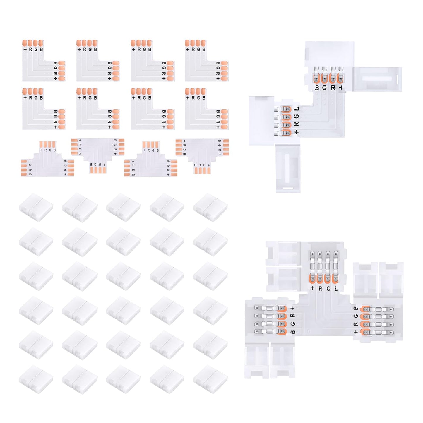 Pmxary 42Pcs 4 Pin Led Strip Connectors Kit For 8Mm Wide Rgb Led Strip Light  Includes 8 L-Shaped  4 T-Shaped  And 30 Solderless Led Light Connectors Clips  Easy For Diy Lighting Projects