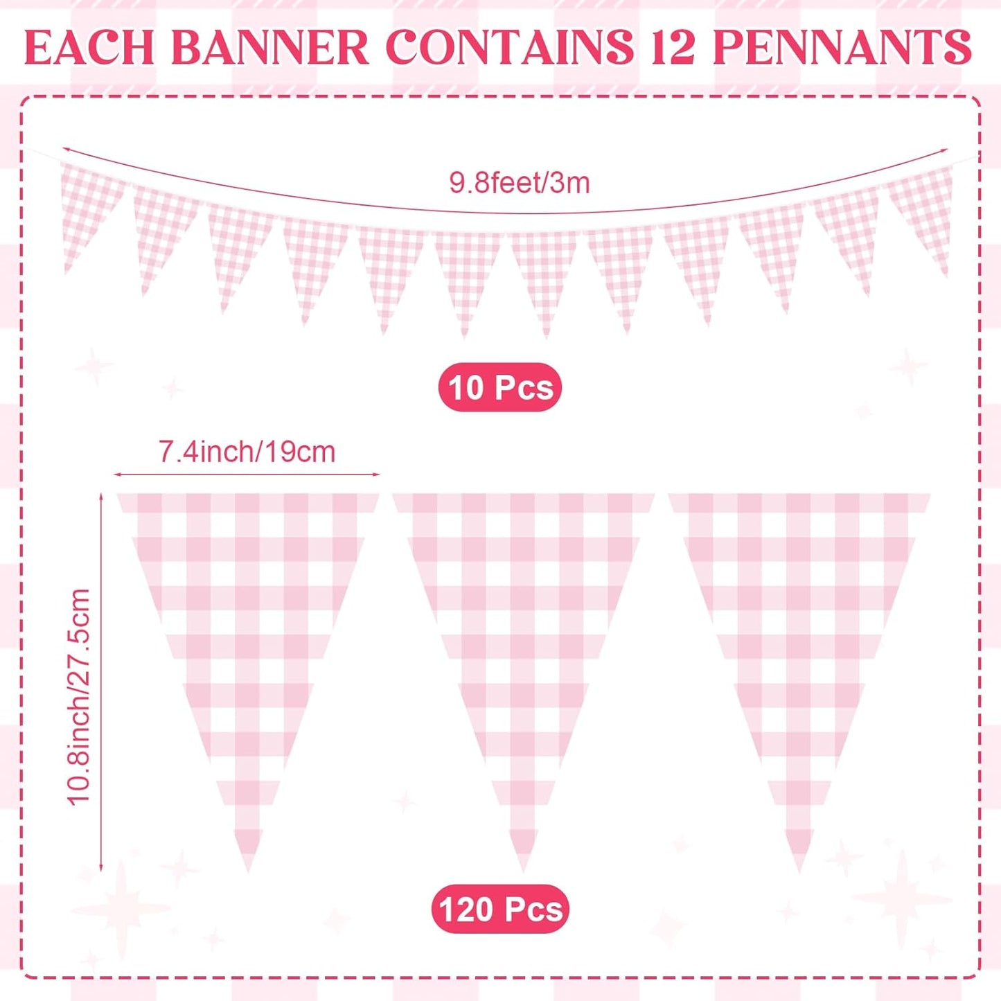 Pasimy 98.42 ft 120 Pieces Pink Gingham Pennant Banner - Pink Plaid Garland Decor Gingham String Triangle Party Bunting Flags for Birthday Baby Shower Party Decorations Supplies