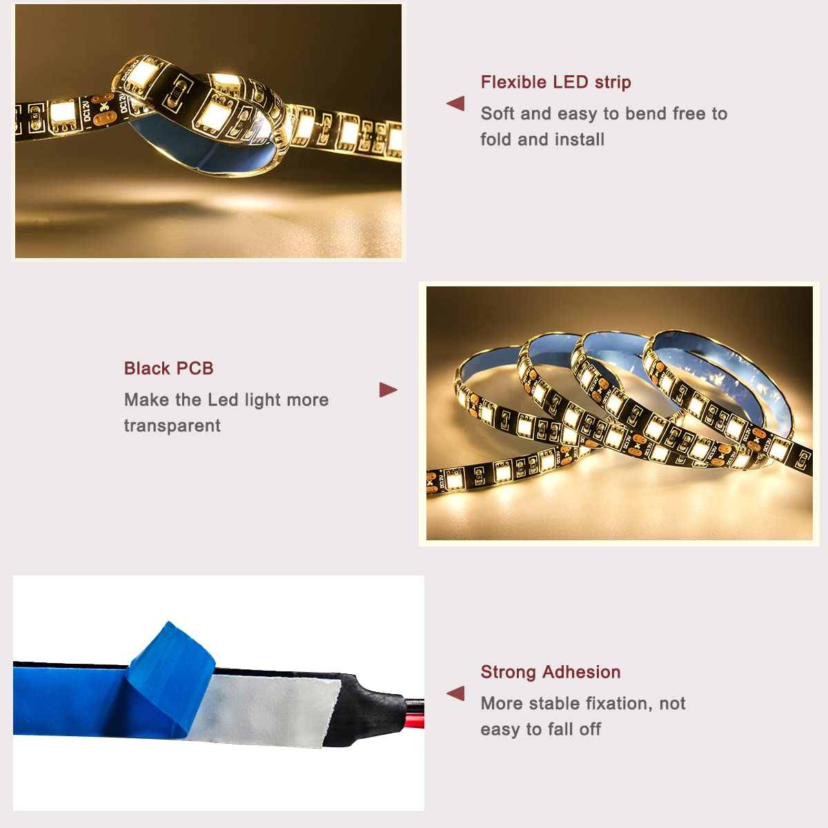 TX 12V LED Strip Light, 3000K Warm White, IP65 Waterproof, 16.4ft, SMD 5050, Black PCB, 300 LEDs for Bedroom & Kitchen