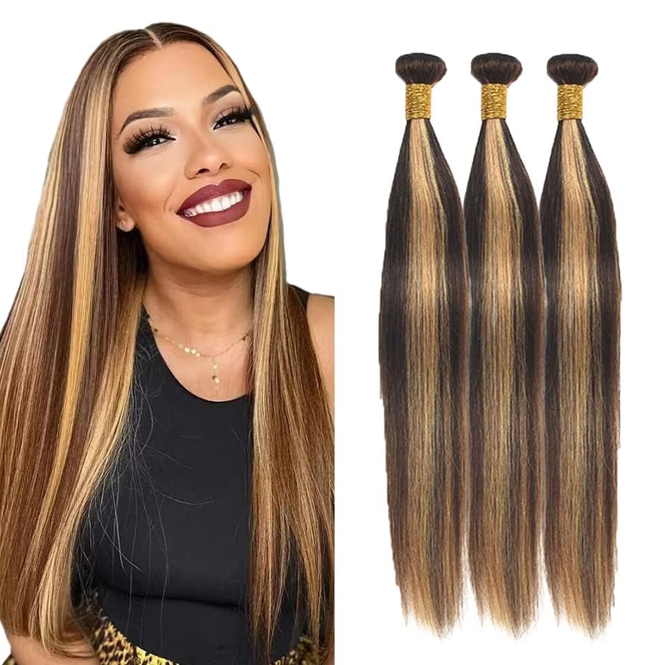 Lagalaga Bundles Human Hair 24 26 28 Inch Straight Wave Highlight Gold Brown P4/27 Human Hair Bundles Unprocessed Brazilian Virg