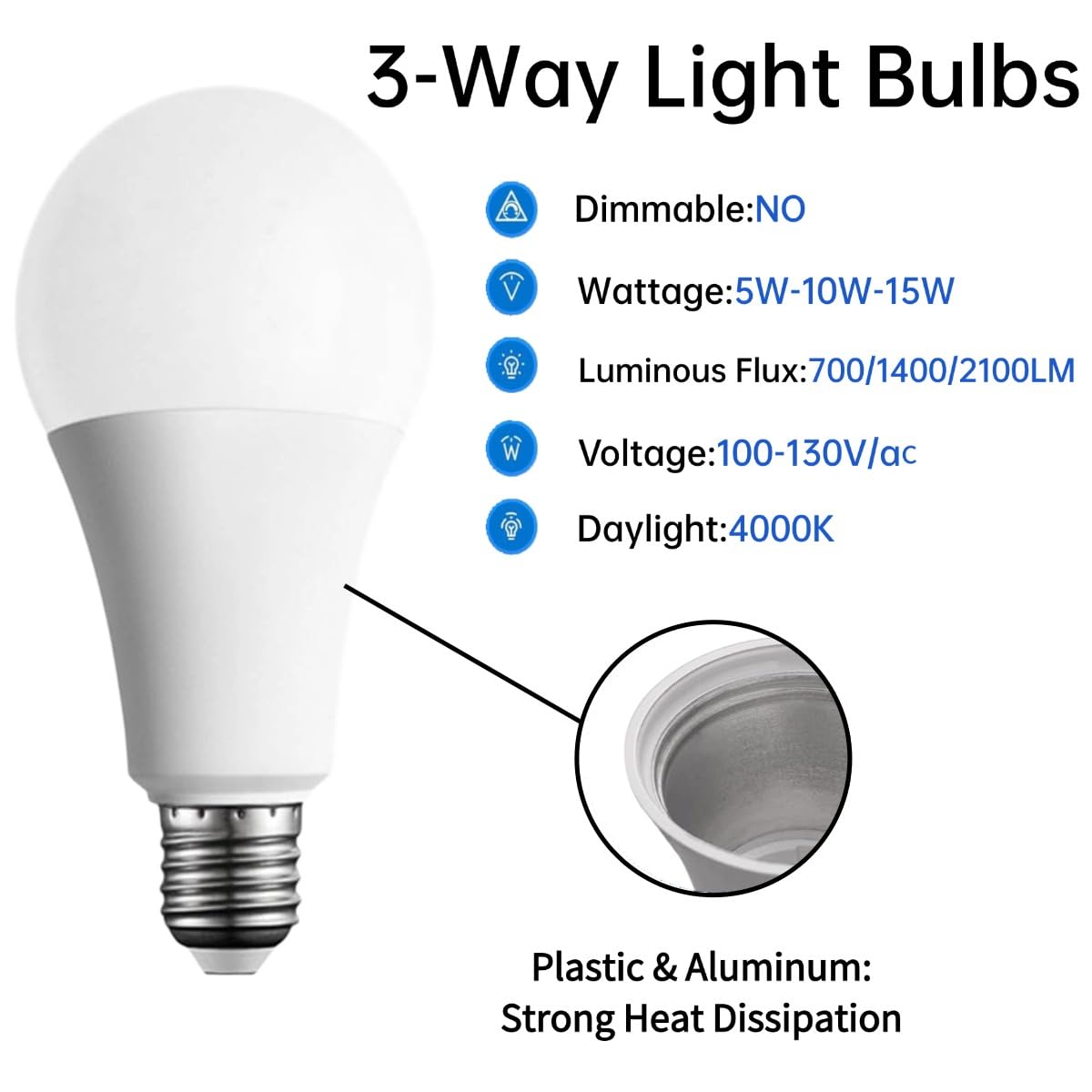 4 Pack 3-Way Light Bulbs A19  5/10/15W Equivalent To 50/100/150W  4000K Cool White (700-1400-2100 Lm)  E26 Base  Three Lighting Levels Perfect For Bedroom Living Room Study Room (Non-Dimmable)