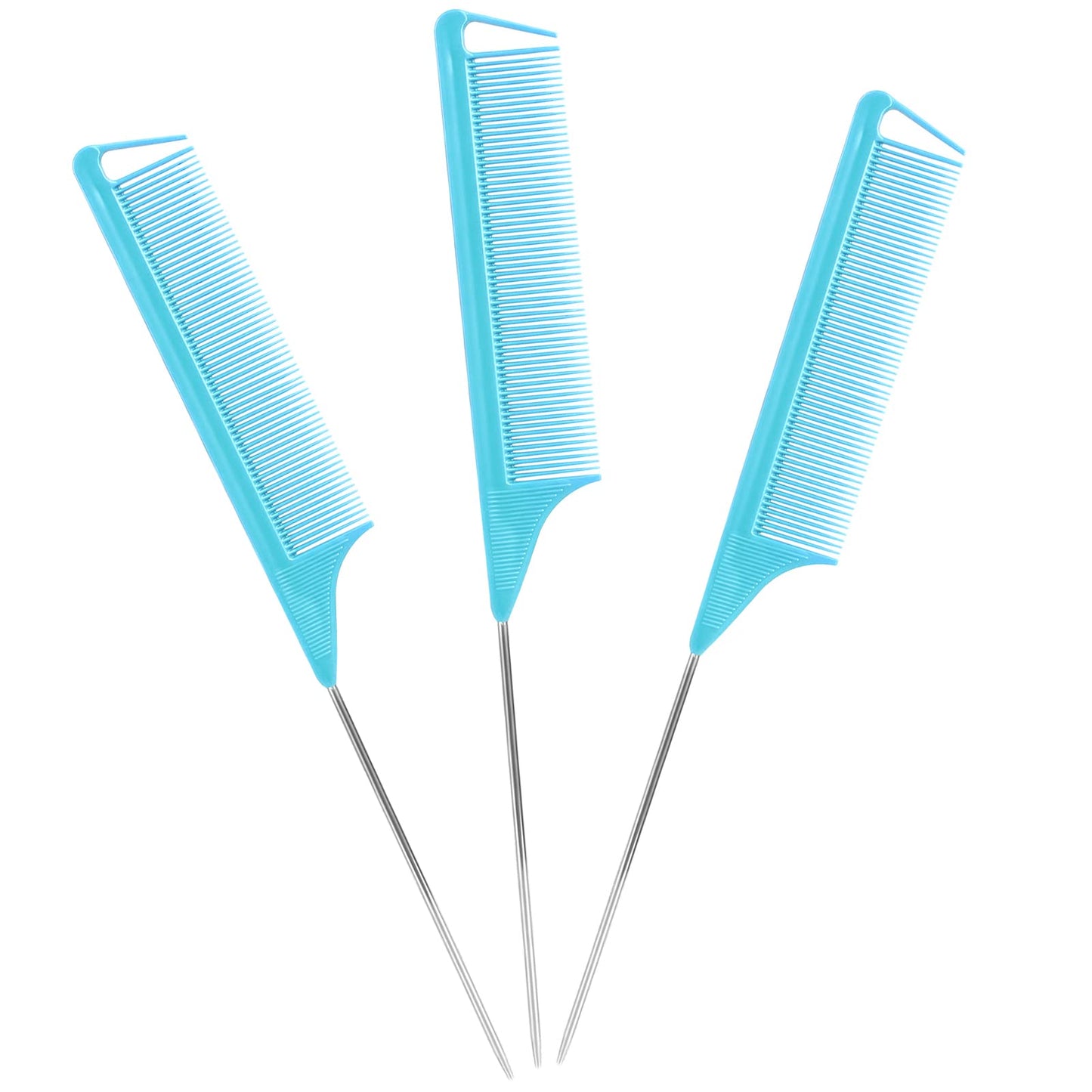 Long Steel Pin Rat Tail Combs Set: 3 Pieces Teasing Hair Combs for Salon Stylists - Includes Metal Parting Combs for Women (Blue