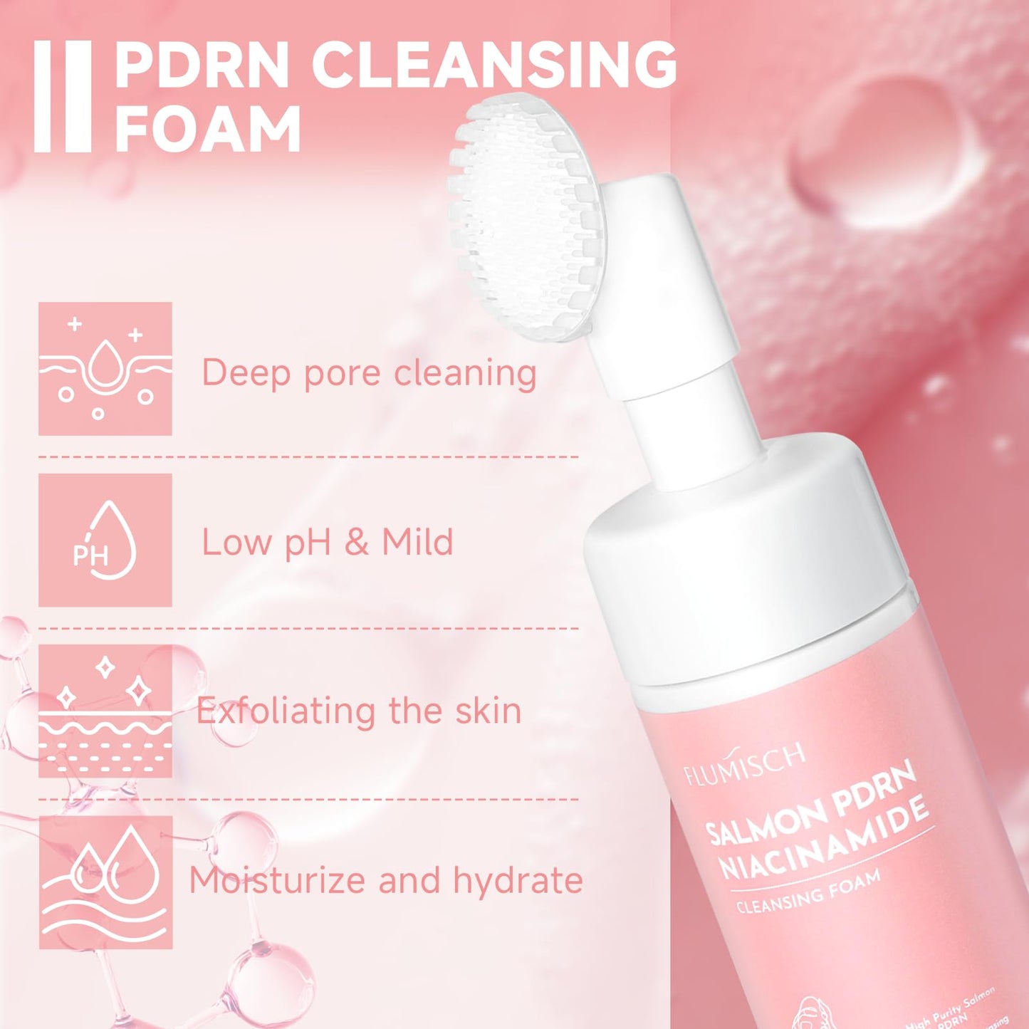 FluMisch Salmon DNA PDRN Facial Cleanser | Low pH Hydrating Daily Foaming Face Wash with Soft Massage Heads | PDRN, Collagen & L