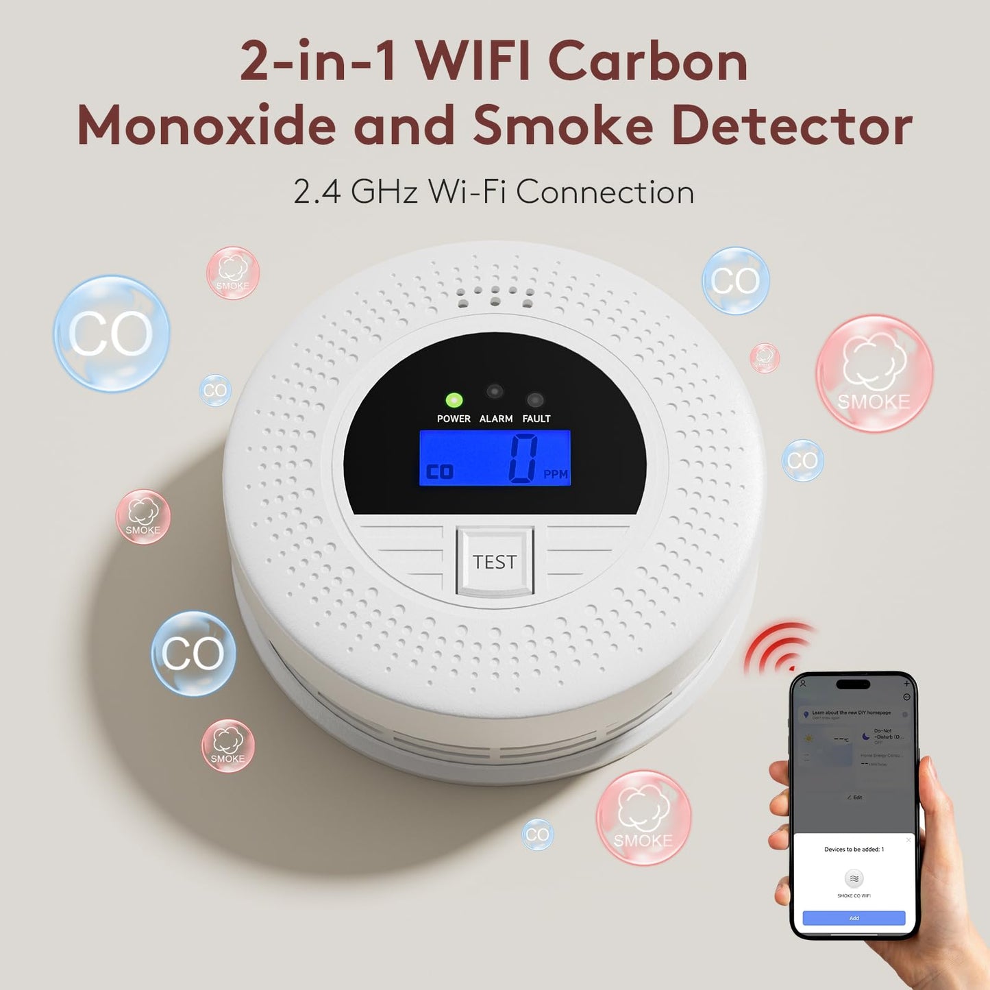 WiFi Smoke and CO Detector 3-Pack | Smart APP Alert & Real-Time LCD Display 85dB Loud Alarm, Phone Notifications, Easy Install, Battery Powered for Bedroom/Kitchen/Living Room