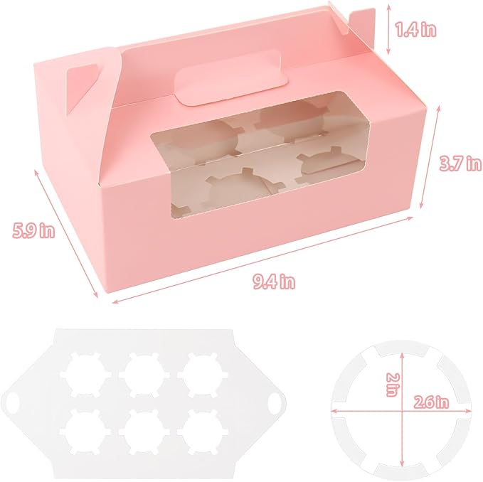 FORBFAN 50 Pcs Cupcake Boxes with Handles, 6 Count Muffin Boxes with Window, and Inserts, Cupcake Holders Bakery Carrier Boxes for Cookies Treats Dessert