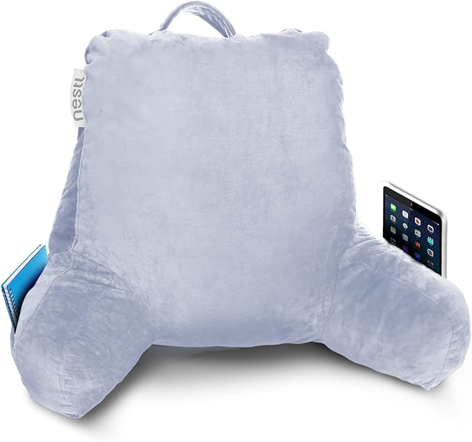 Nestl Reading Pillow Standard Bed Pillow, Back Pillow for Sitting in Bed Shredded Memory Foam Chair Pillow, Reading & Bed Rest Pillows Ice Blue Back Pillow for Bed, Bed Chair Arm Pillow with Pockets