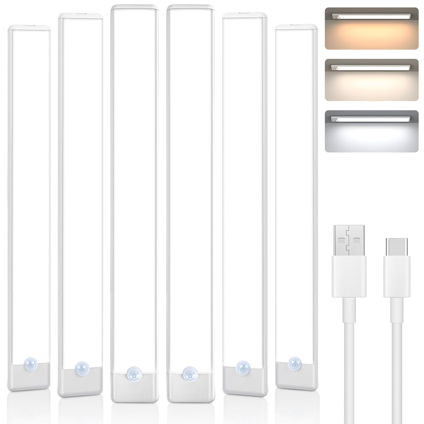 Maylit 6 Pack Under Cabinet Lighting  3 Color Temps Motion Sensor Light Indoor  Rechargeable Battery Operated Lights  Wireless Magnetic Light Bar For Kitchen Counter Closet Stair Shelf Display