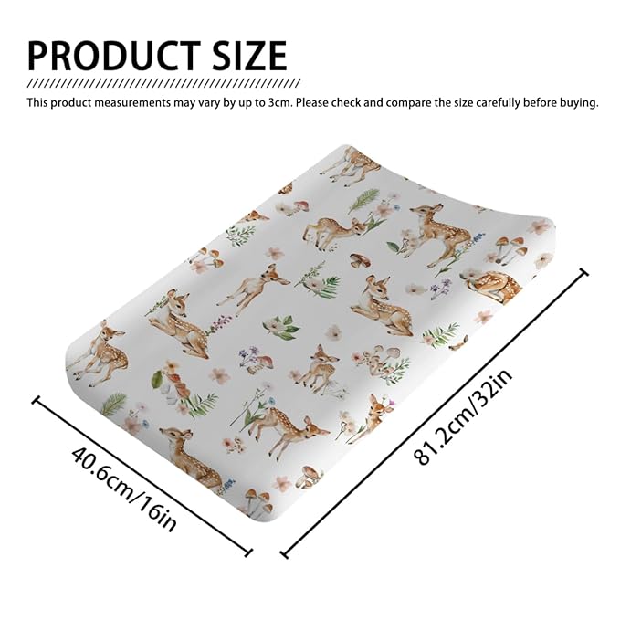 Spring Animal Changing Pad Cover Deer Mushroom Flowers Leaves Forest Baby Nursery Diaper Changing Pad Sheets for Boy Girl Soft Breathable Stretch Fitted Changing Table Sheets Mats 32''x16''