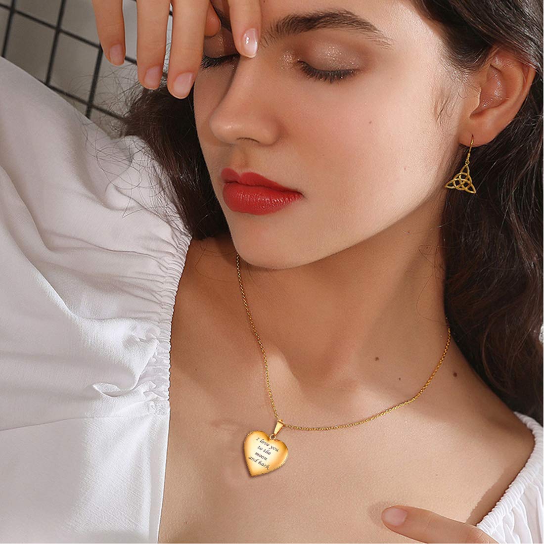 U7 Women Locket Necklace 18K Real Gold Plated Link Chain Heart & Heart Pendant for Photo