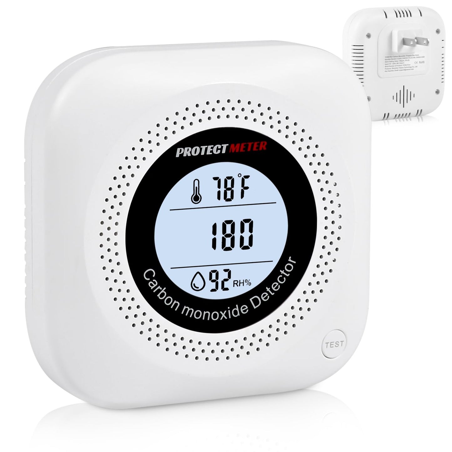 Carbon Monoxide Detector Plug in with Temperature & Humidity, 3-in-1 Portable CO Detector for Travel, Hotel, Home and RV Safety, Carbon Monoxide Alarm with Real-Time CO Monitor Display