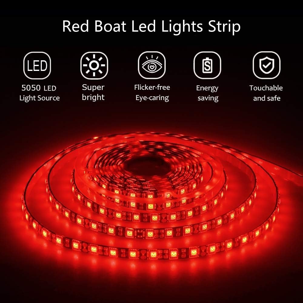 Vbakor Pontoon Boat Led Strip Lights  12V 32.8Ft Red Waterproof Marine Led Light Boat Interior Light  Boats Deck Hull  nel Lights  Night Fishing Lighting For Bass  Jon  No Battery