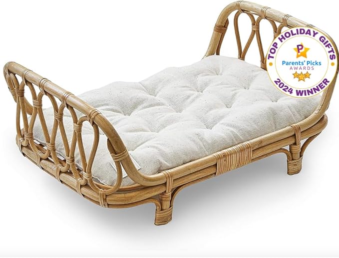 BEBE BASK Large Premium Rattan Doll Bed 20 x 12 x 10- Handcrafted & Award-Winning - Sized for 18-Inch Dolls - Fits American Girl & Our Generation - Luxe Mattress - Baby Photoshoot Props (Large)