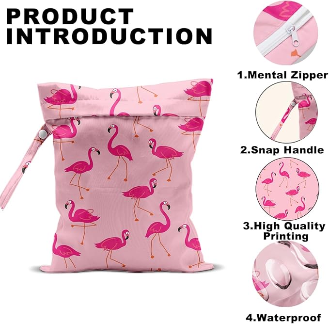 Pink Flamingo Wet Bags 12x10 Inch, Flamingos Seamless Pattern Waterproof Travel Laundry Bags, Reusable Wet Dry Bag for Swimsuit Pool Beach Diapers Dirty Yoga Gym Clothes, Flamingo Gifts for Women