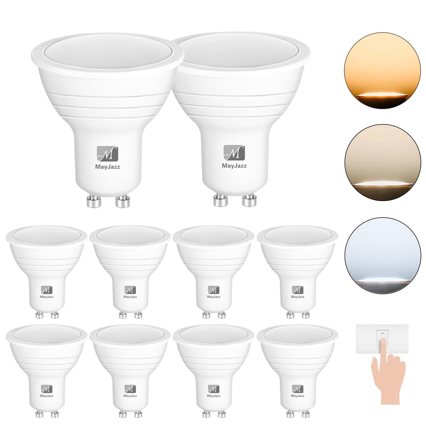 M Mayjazz Gu10 3 Color Temperature Led Bulbs 3000K/5000K/4000K 5W(50W Equivalent) 600Lm  3Cct Color Changing Flood Light Bulb For Recessed Lighting 10 Pack