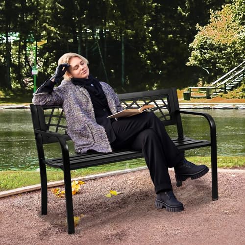 VEVOR Outdoor Bench, 46" Iron Steel Frame Garden Park Bench with Mesh Pattern and Plastic Backrest Armrests, Patio Bench f...