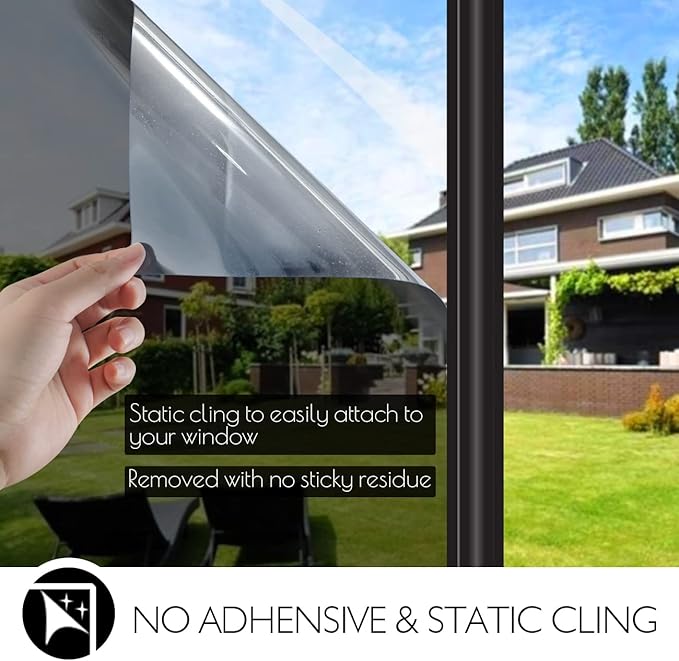 HIDBEA One Way Privacy Window Film, Daytime Mirror Reflective Heat Control UV Sun Blocking Non-Adhesive Static Cling Window Tint for Home and Office (Black-Silver, 23.6 Inch x 13.1 Feet)