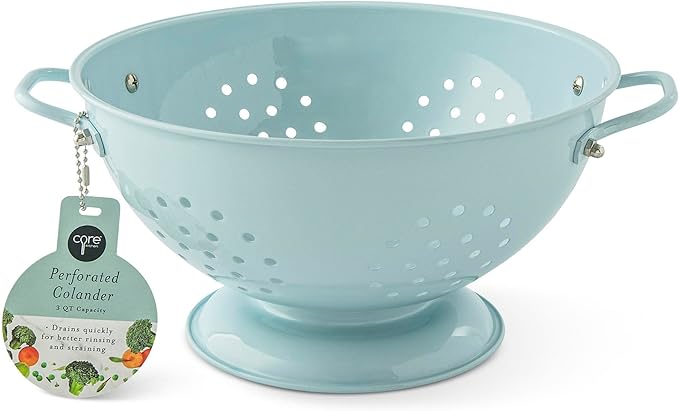 CORE HOME 3 Quart Perforated Colander - French Blue Enamelware Strainer with Base and Handles for Washing Fruits, Vegetables, and Pasta