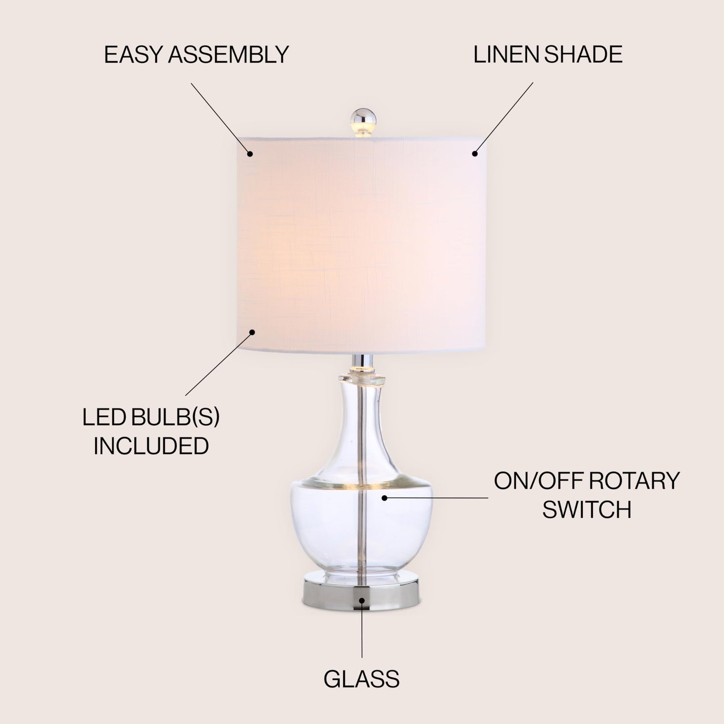 Jonathan Y Colette 20 Mini Glass Led Table Lamp, Clear, Model Jyl1029A, Transitional & Modern Design For Home & Office
