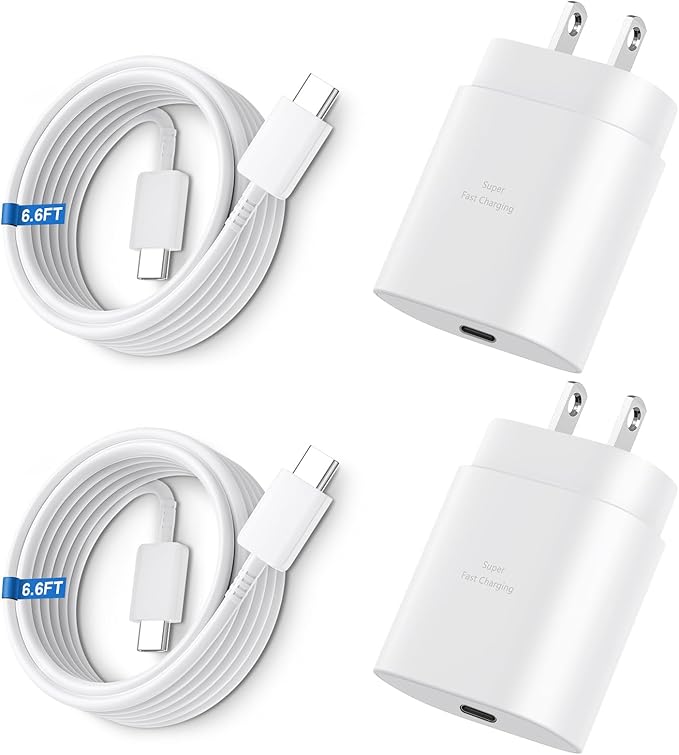 Super Fast Charger Type C, 25W USB C Wall Charger Fast Charging for Samsung Galaxy S25 Ultra/S25/S25+/S24+/S24 Ultra/S24/S24+/S23 Ultra/S22 Ultra/S21 Ultra with 6.6FT Long Type C Charger Cable 2Pack