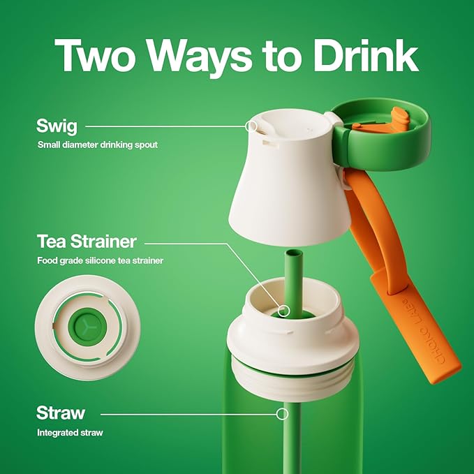 CHAKO LAB Ti material Water Bottle with Two Strap | BPA-Free Leak Proof | 17oz Bottle with Spout Lid & Straw | Grass