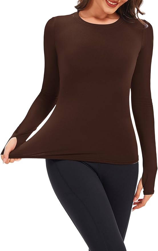 Tfovorlein Womens Long Sleeve Thermal Tops Ladies Fleece Lined Baselayer Undershirt for Winter Cold Weather with Thumb Holes