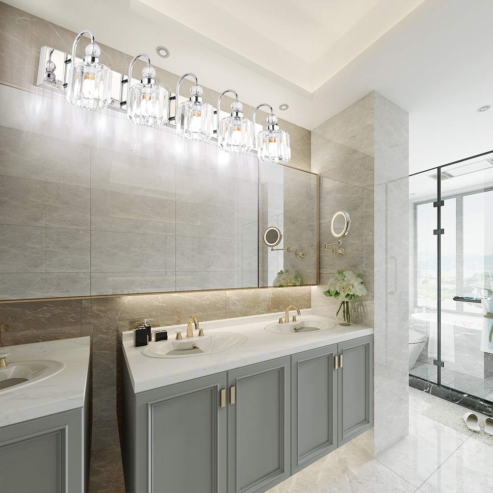 Ralbay 5-Light Modern Led Crystal Bathroom Vanity Lights, Stainless Steel Over Mirror Fixture, Round-Chrome Finish, Model 8600