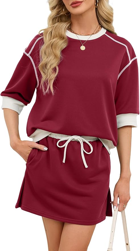 aswulk Womens Sweatsuits 2 Piece Set Crewneck Half Sleeve Sweatshirts Elastic Waist Tops and Skort Skirts Tennis Shorts Sets