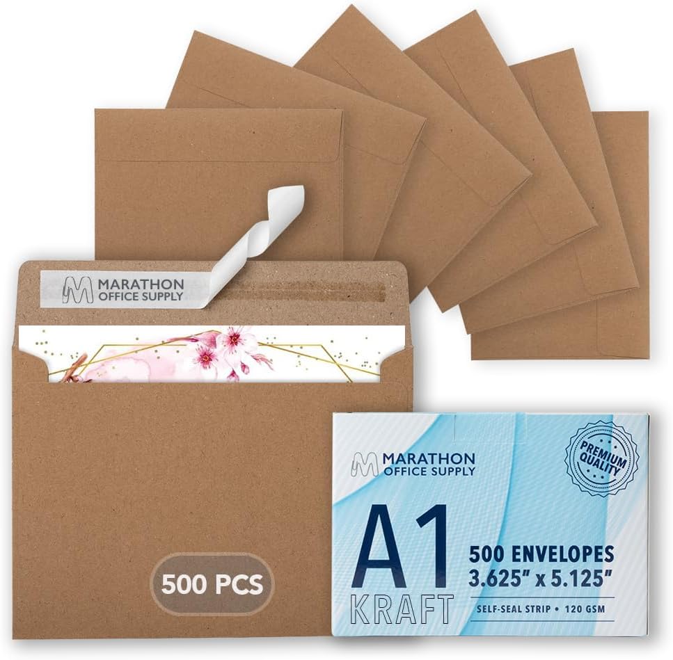 MOS A1 Kraft Envelopes 3.6 x 5.1 Inch 100 Pack — Brown Self-Seal Heavyweight Invitation Envelopes for RSVP, Thank You Cards, Gift Cards, Weddings, Business Mailings