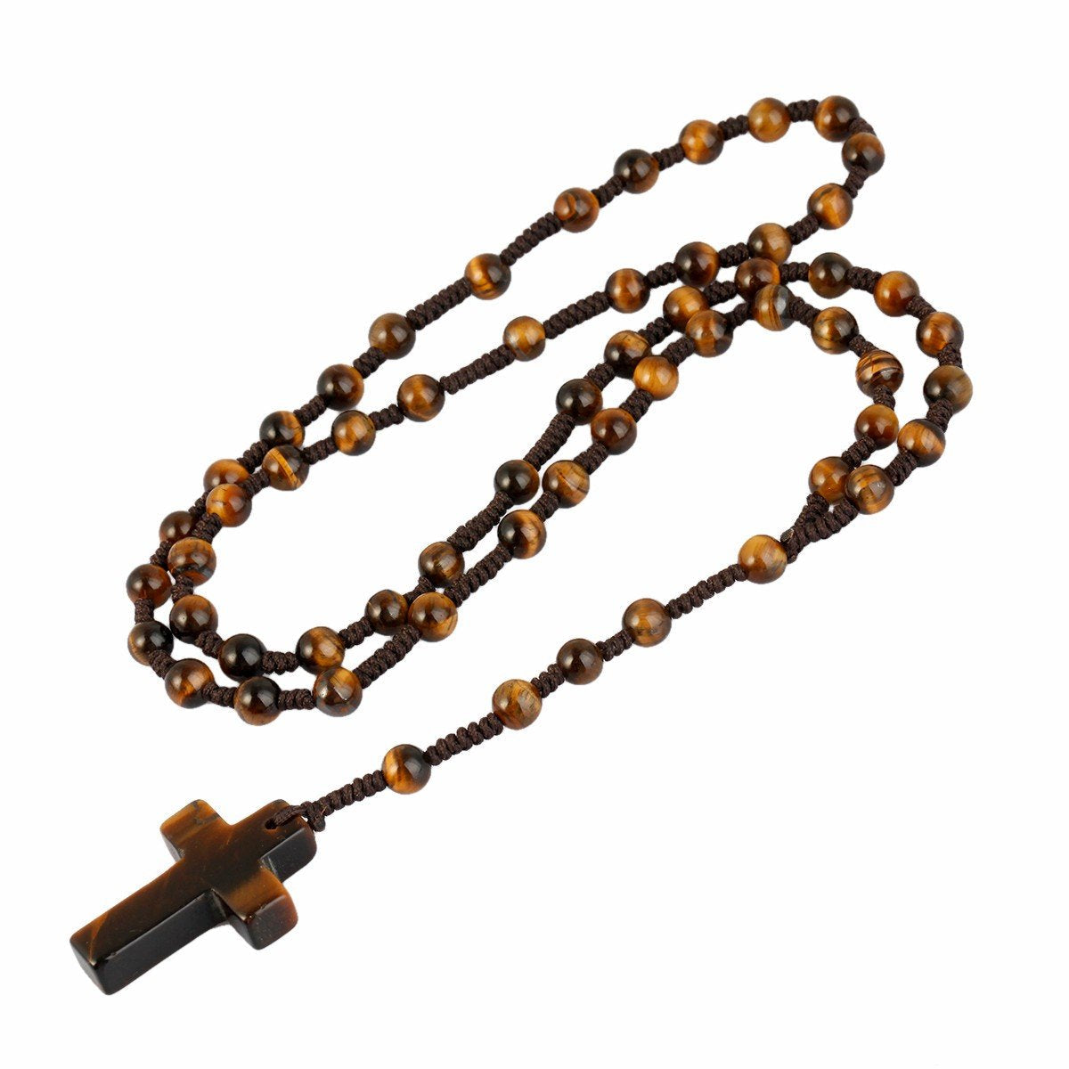 TUMBEELLUWA Tiger's Eye Stone Cross Pendant Beaded Necklace for Men Women, Catholic Rosary Hand Knotted Necklace
