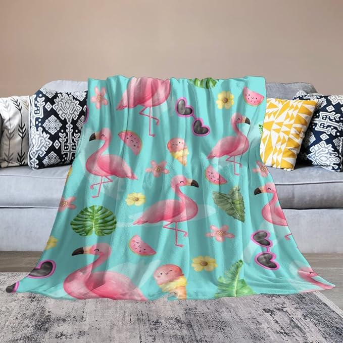 Flamingo Blankets Gifts - 40 x 50 Inches Cute Throw - Green Warm Furry Plush Flamingo Blankets for Couch